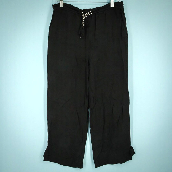 Whistles Size 4 Black Pull On Drawstring Tassel Ankle Crop Ankle Linen Pants - Picture 1 of 6